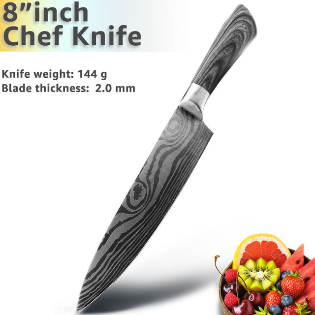 Kitchen Knife 5 7 8 Inch Stainless Steel Chef Knives Imitated Damascus Pattern Utility Cleaver Meat Santoku Vegetable Sharp Tool: 8 inch chef