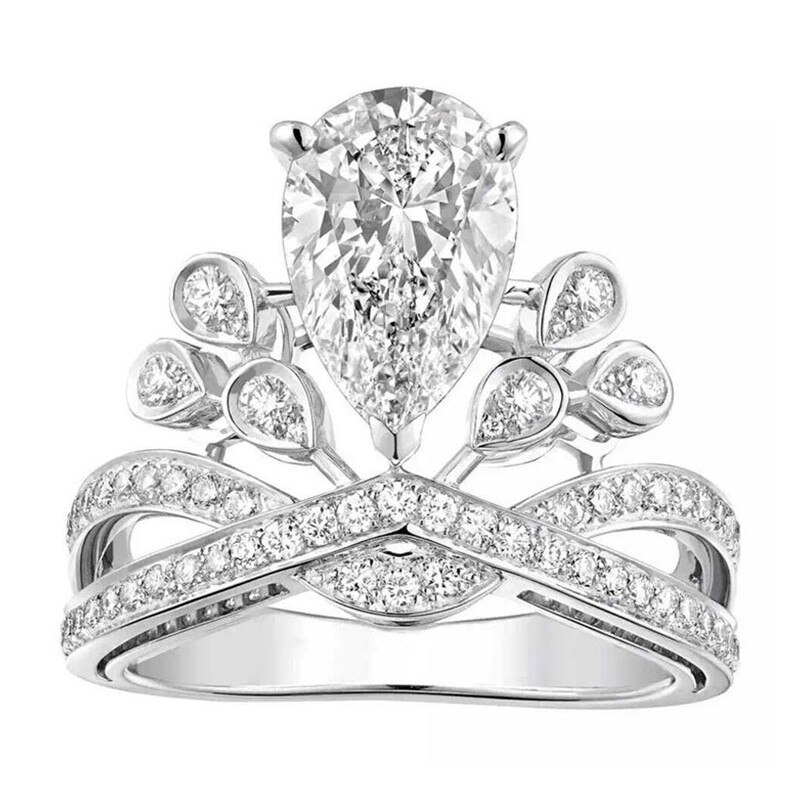 Luxury Female Big Zircon Stone Ring Classic Queen Crown Ring Vintage Wedding Bands Promise Love Engagement Rings For Women: 9 / White