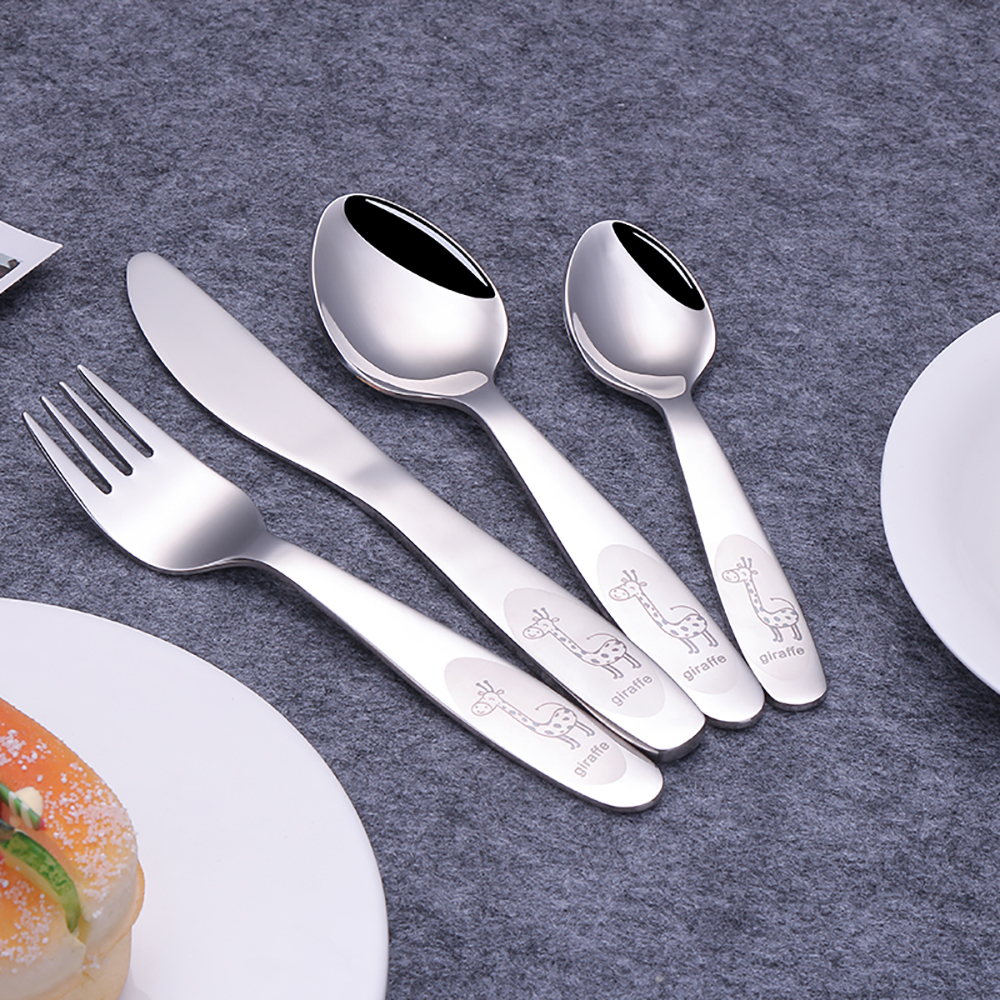 Couverts pour enfants, vaisselle en acier inoxydable, dessin animé girafe, couteau fourchette cuillère enfants, ensembles de vaisselle pour la cuisine de la maison 4 pièces