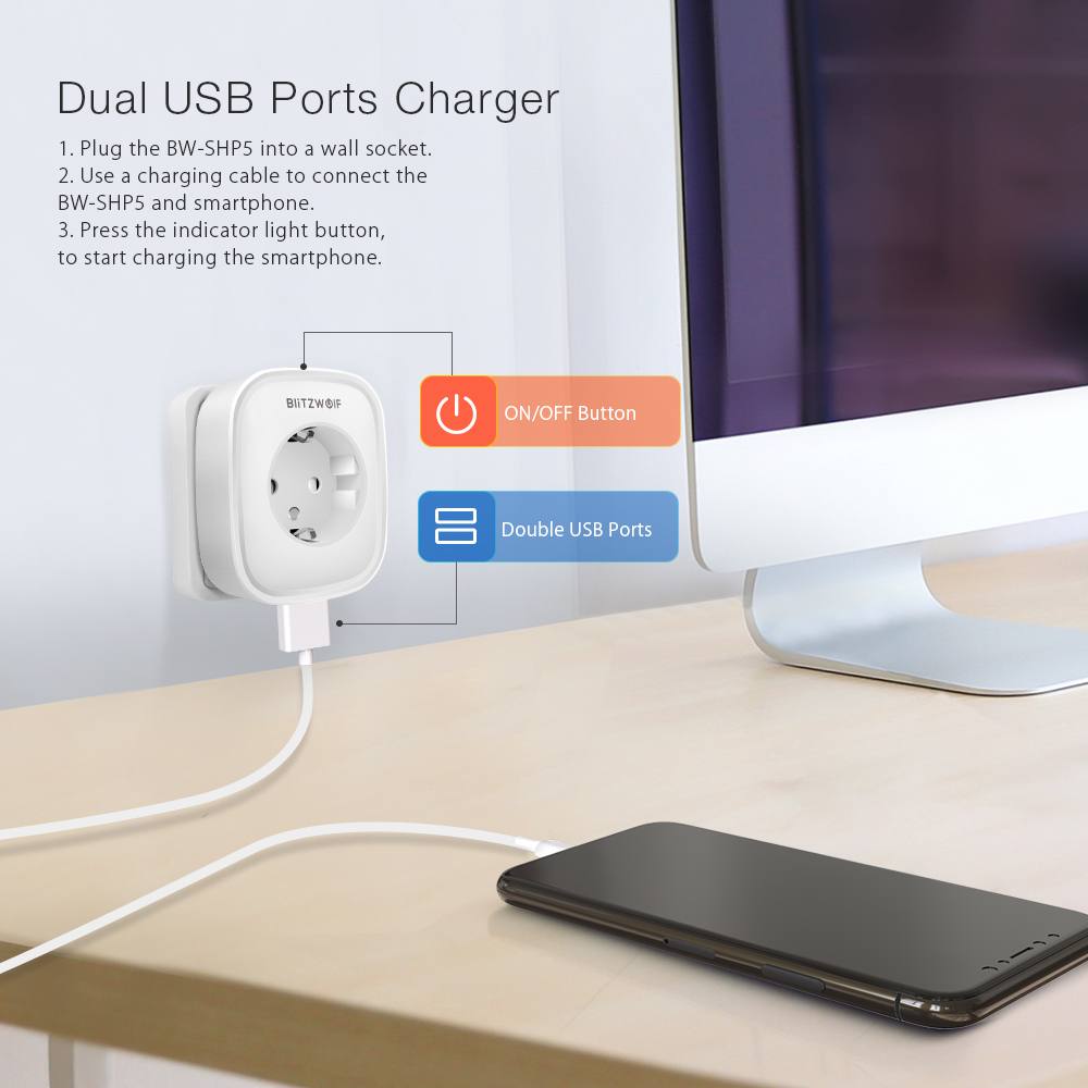 BlitzWolf BW-SHP5 2.1A Dual Usb-poorten 16A Smart WIFI Socket EU Plug Werk met Alexa Google Assistent BlitzWolf Tuya APP