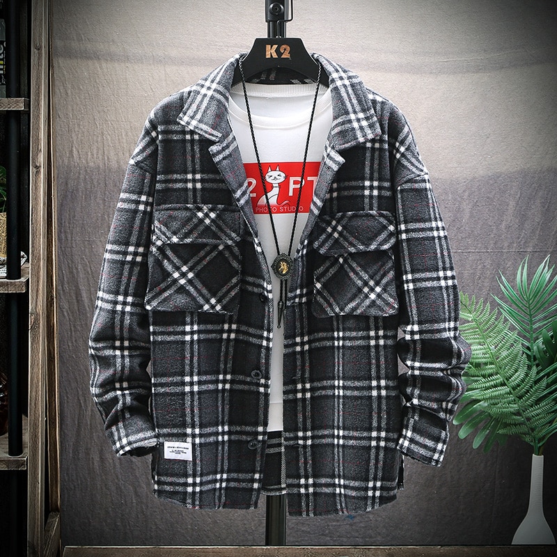 Efterår vinter flannel skjorter herre langærmet plaid streetwear ulden varm casual plus vintage lommeskjorte chemise homme