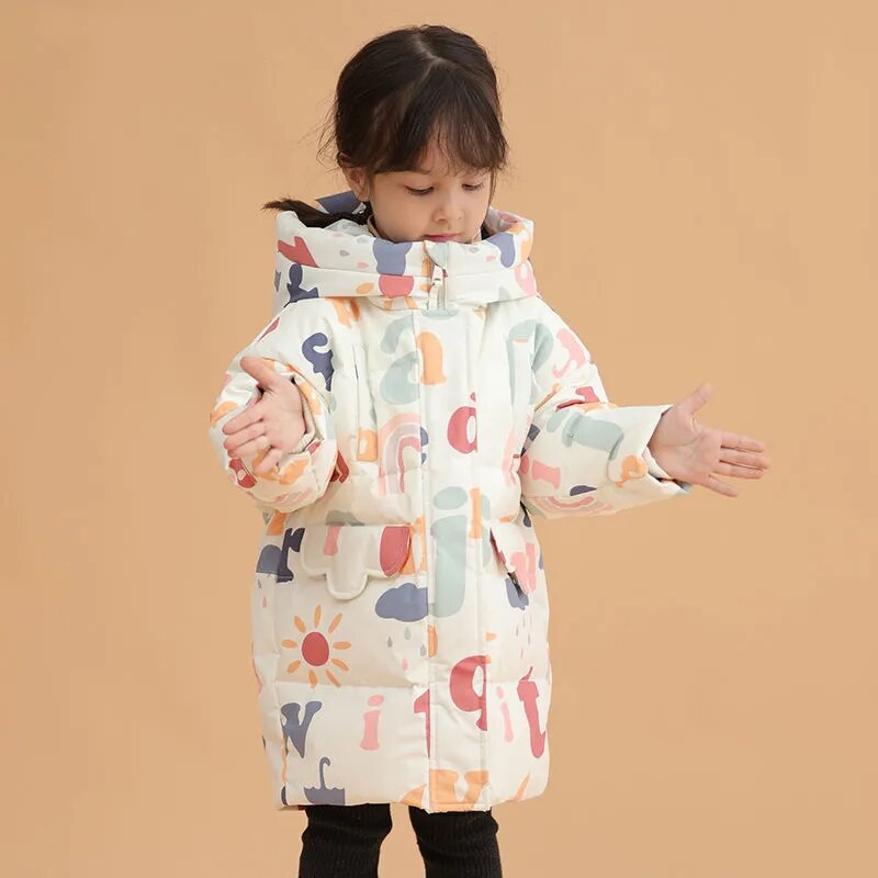 Korean Graffiti Cotton-padded Jacket Baby Girls Mid-length Thick Warm Cotton Jacket Winter Printed Letters Windproof Parkas: Beige / 130cm