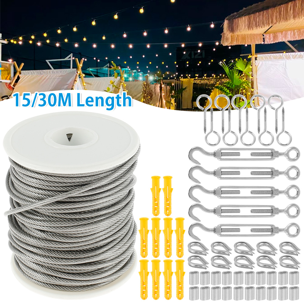 Câble métallique robuste en acier inoxydable, 15M/30M, pour garde-corps de jardin, Kits de rouleaux de clôture pour tente extérieure, corde de nettoyage