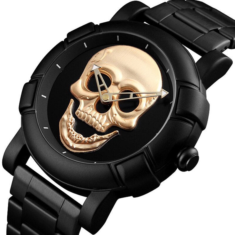 Black Gold Dial Quartz Watch Men 3D Skull Head Pattern Stainless Steel Steampunk Rock Engraved Cool Mexico Man Male reloj hombre: BLACK GOLD SKULL