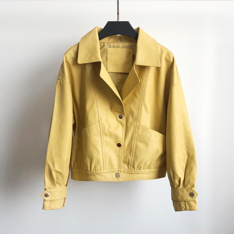 Fitaylor Herfst Faux Lederen Jas Vrouwen Pu Motorfiets Korte Biker Jas Enkele Breasted Grote Zak Faux Soft Leather Uitloper: Yellow / S