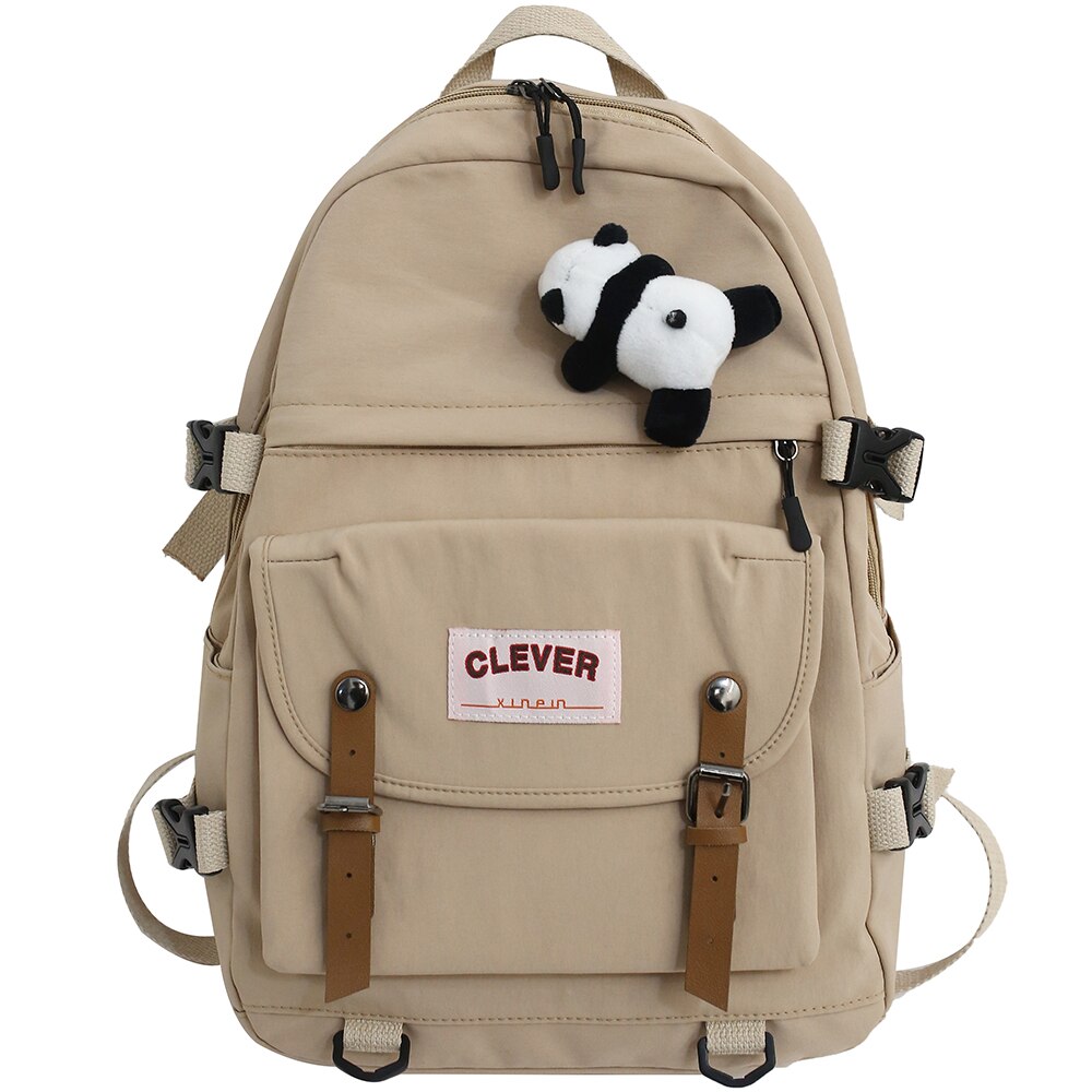 Damen Student Kühlen Rucksack Nette Frauen Schule Tasche Buch Trendy Weibliche Rucksäcke Wasserdichte Nylon Kawaii Tasche College Mädchen: khaki / With panda pendant