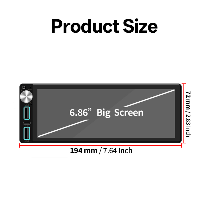 Rádio automotivo 6.86 polegadas carplay android auto 1din reprodutor estéreo de carro vídeo multimídia com bt fm usb tipo-c carga espelho link
