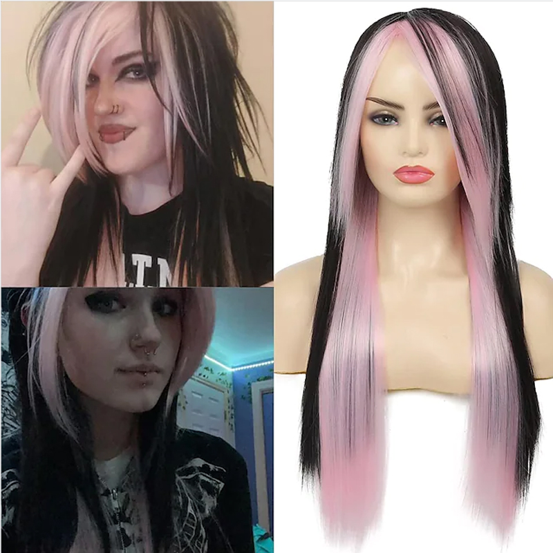 HAIRJOY Parrucca da donna per capelli sintetici lunghi rossi neri dritti resistenti al calore con frangia laterale per costume di Halloween