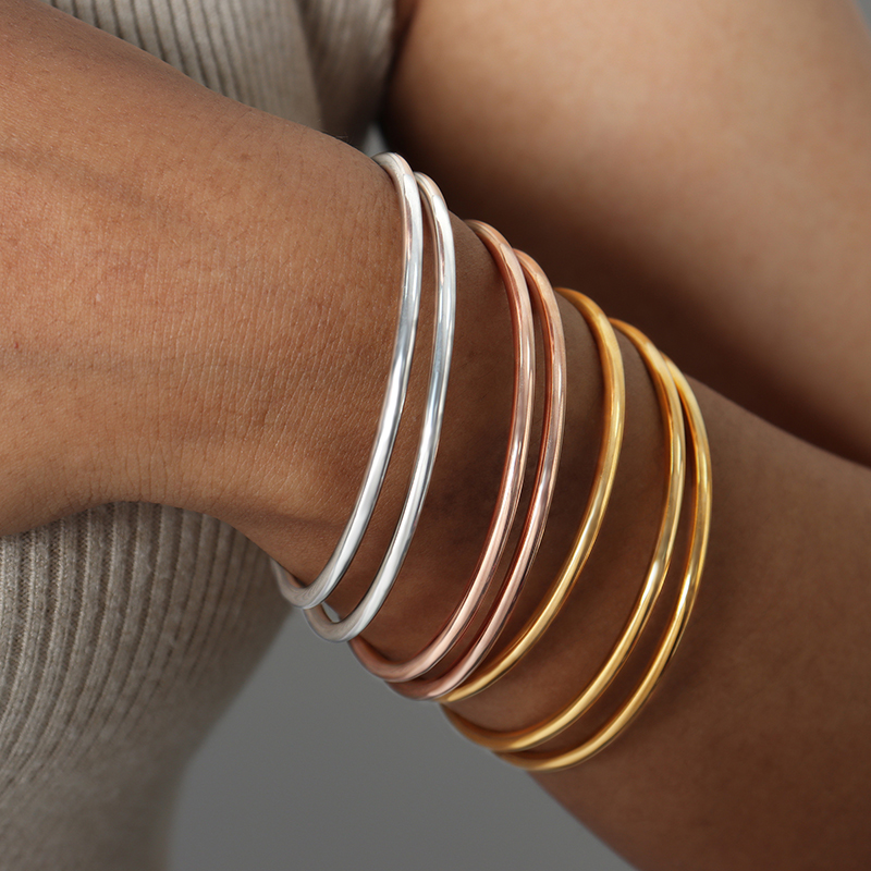 Pulsera redonda Simple de acero inoxidable para mujer, Color oro rosa, plata, 5 tamaños, brazalete chapado en oro de , joyería al por mayor