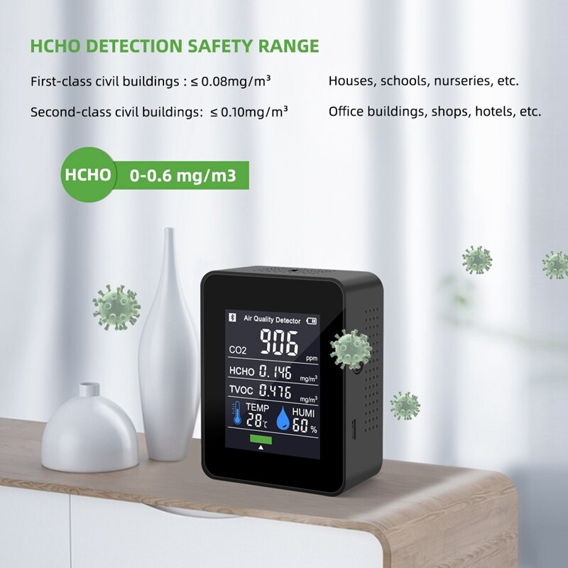 5 In 1 CO2 Meter Temperature Humidity Sensor Air Monitor Carbon Dioxide TVOC Formaldehyde HCHO Detector