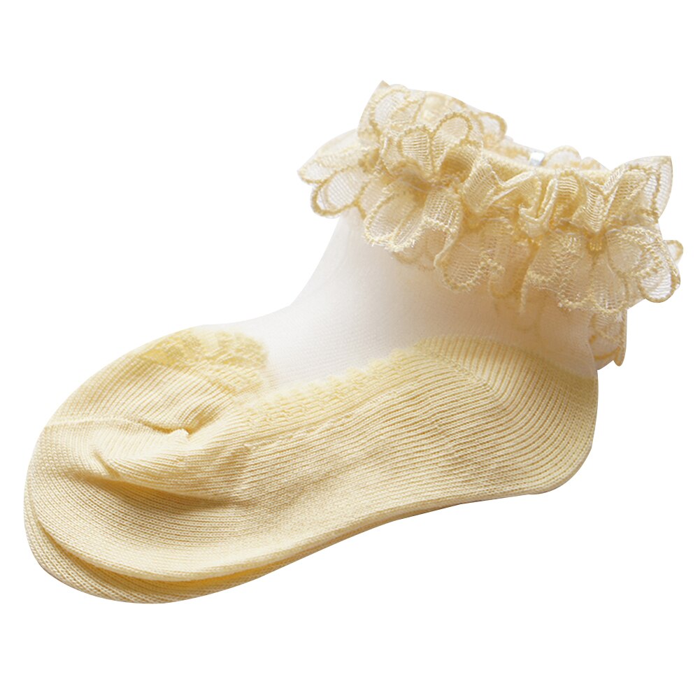 Kindersokken lente zomer meisjes kant geplooide effen enkel mesh sokken prinses baby tutu sokken losse mond sokken lange warmers: Geel / 14cm-16cm
