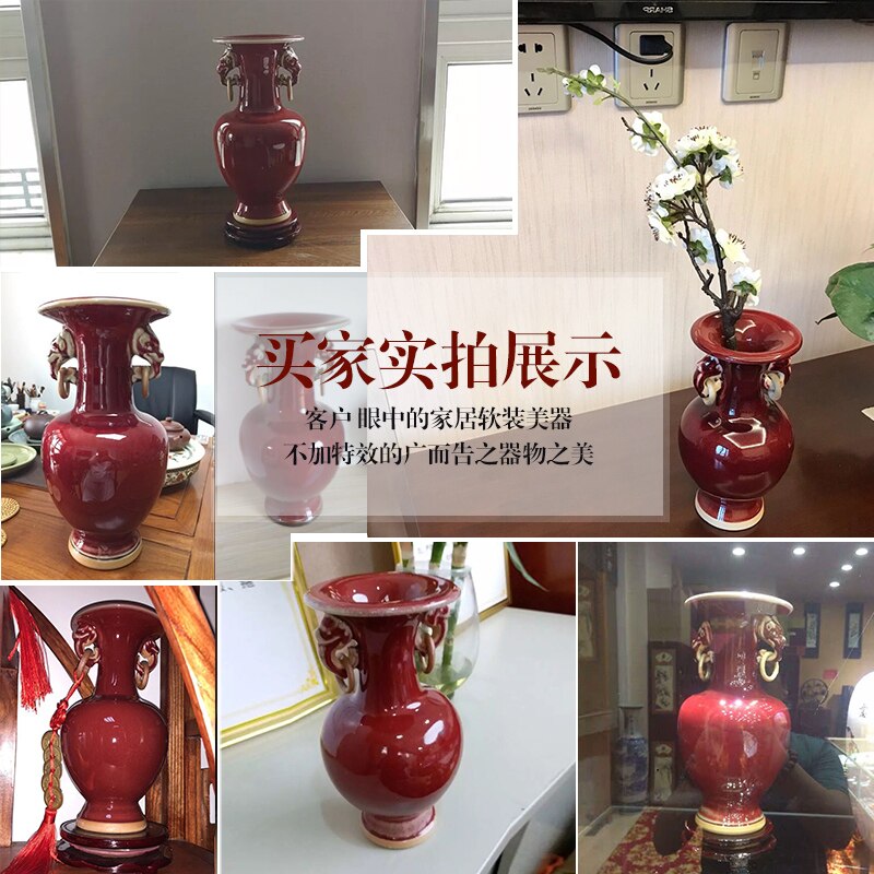 Jarrón de estilo chino de Jingdezhen, jarrón de flores esmaltado de cristal de porcelana roja, decoración del hogar, jarrones de Familla brillantes hechos a mano,