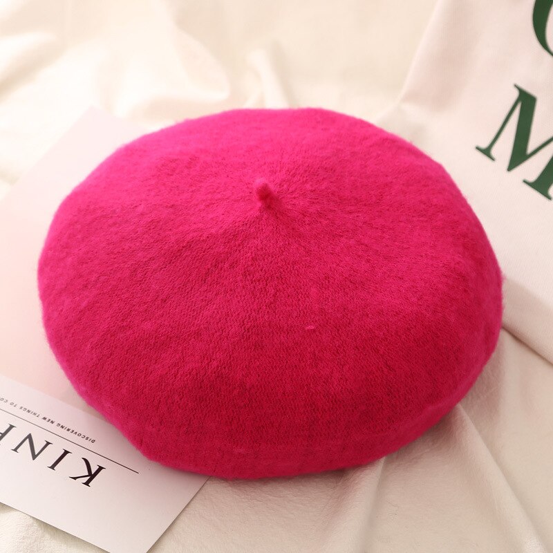21 Kleuren Lady Herfst Winter Baret Hoed Schilder Hoed Vrouwen Wol Vintage Baretten Effen Kleur Caps Vrouwelijke Motorkap Warme Wandelschoenen cap: rose red