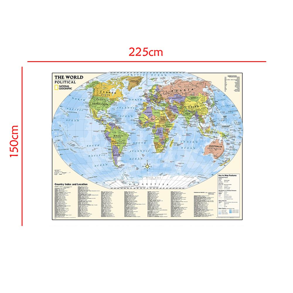 The World Physical Non-woven Map with Country Index And location and The Key To Map Feature For Culture And Education 150x225cm