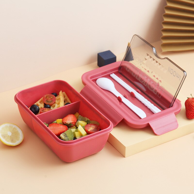1100ml Eco-friendly Material Lunch Box BPA Free Bento Box Microwave Food Container with Cutlery: Red