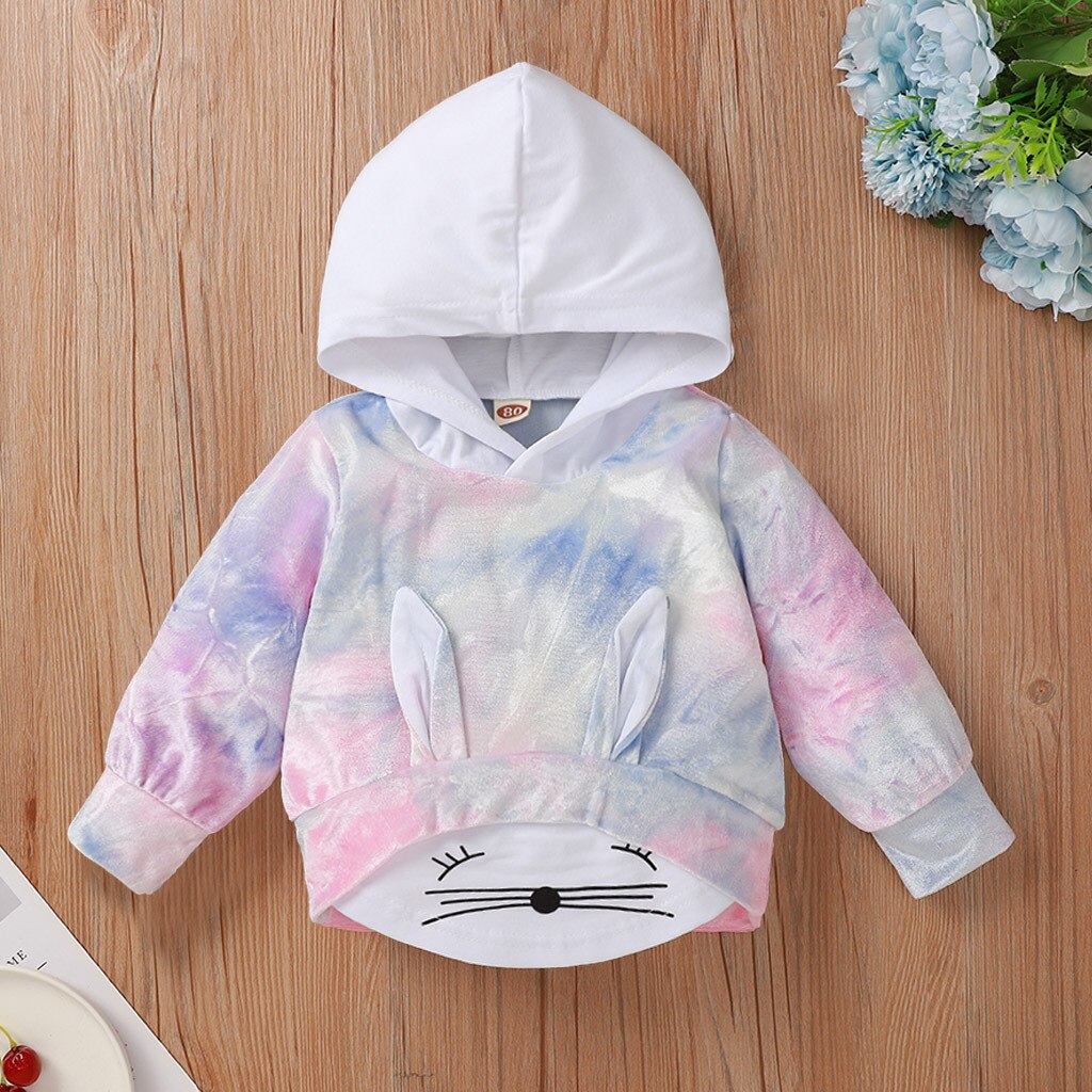 Infant Baby Girls Boys Spring Full Sleeve Tie-dyed Tops Outwear Hooded Patchwork Animals T-shirts 3-24M: 12-18M