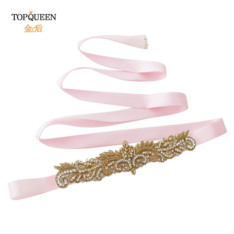 Topqueen  s375- g gull rhinestone midjebelte kvinner beaded bryllup belter india blonder brude sash belte gull belte for formell kjole: Rosa