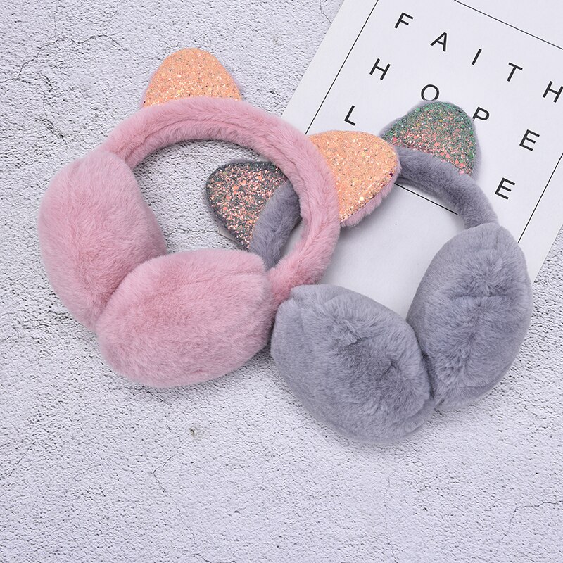 Cat Ear Muffs Earlap Glitter Sequin Earmuffs Headband Women Girl Fur Winter Ear Warmer Earmuffs