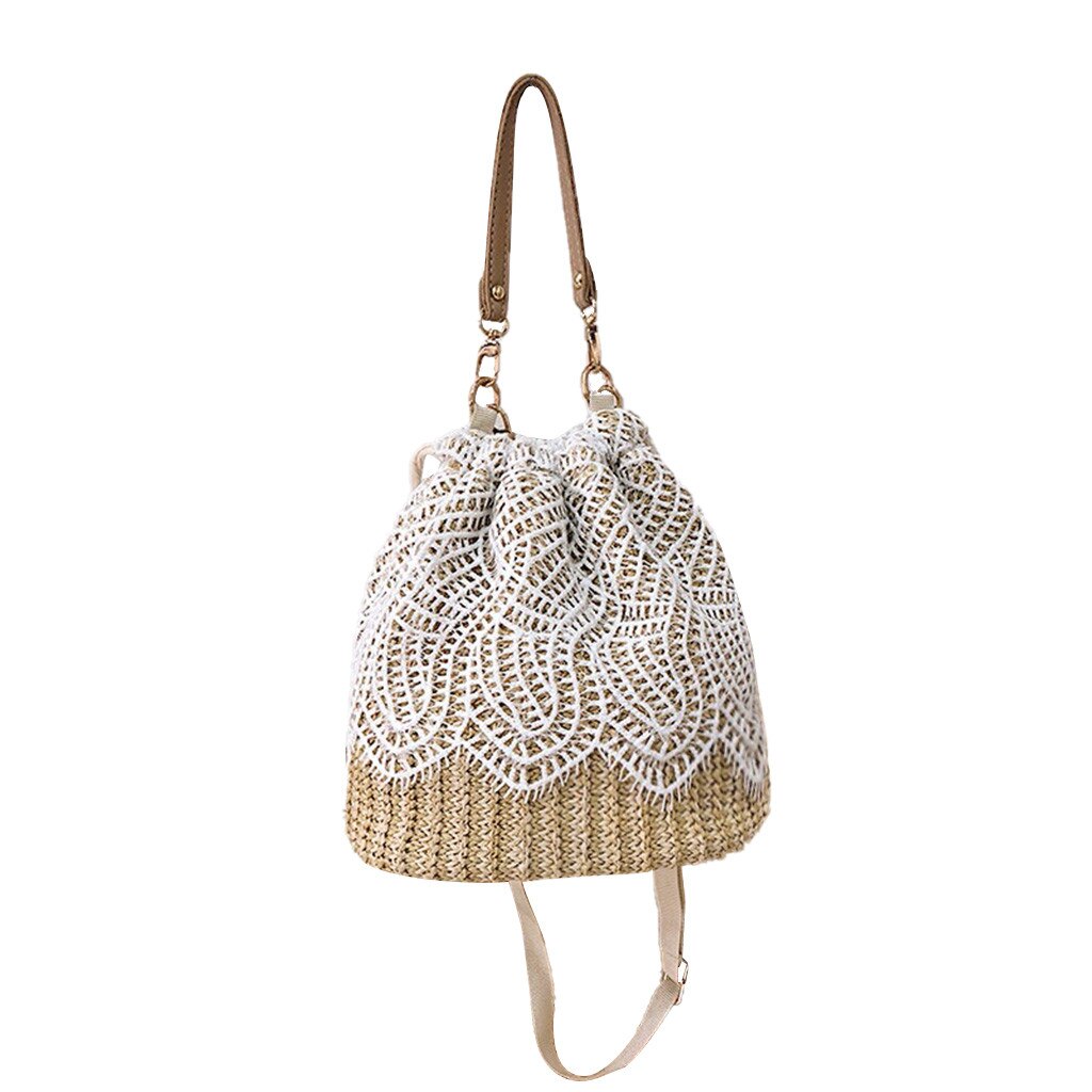 Vrouwen Handtas Zomer Strand Bloem Stro Emmer Tas Jute Flap Tassen Blad Decoratie Schoudertassen Met Kant Сумка Женская # srn: D
