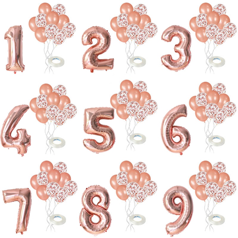 12Pcs/lot Rose Gold Number Foil Balloons Happy Birthday Balloons Baby Shower Kids 1st Birthday Party Decorations Number Balloons