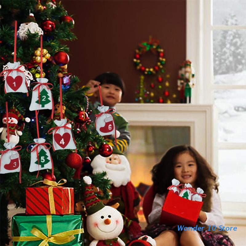 24 Dagen Diy Kerst Advent Kalender Lint Zak Met Vilt Stickers Touwen Opknoping Countdown Snoep Pouch Guirlande
