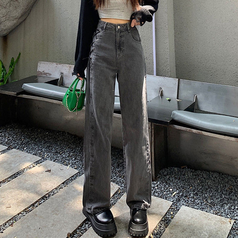 Jean gothique taille haute pour femme, pantalon en Denim, à jambes larges, à lacets sur le côté, Harajuku Y2K, Streetwear, droit