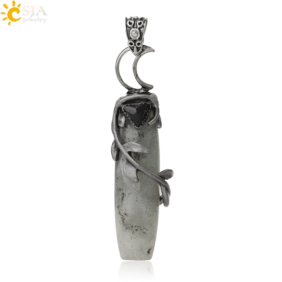 CSJA Antique Silver Color Pendant Necklaces Natural Crystal Stones Leaves Winding Faceted Rectangle Long Pendants Women Men G587: Labradorite