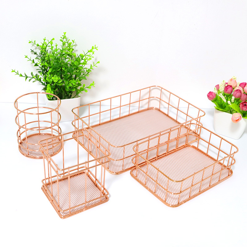 Panier de rangement en fer forgé Rose doré, panier de rangement en métal, porte-stylo, de bureau, de papeterie de finition