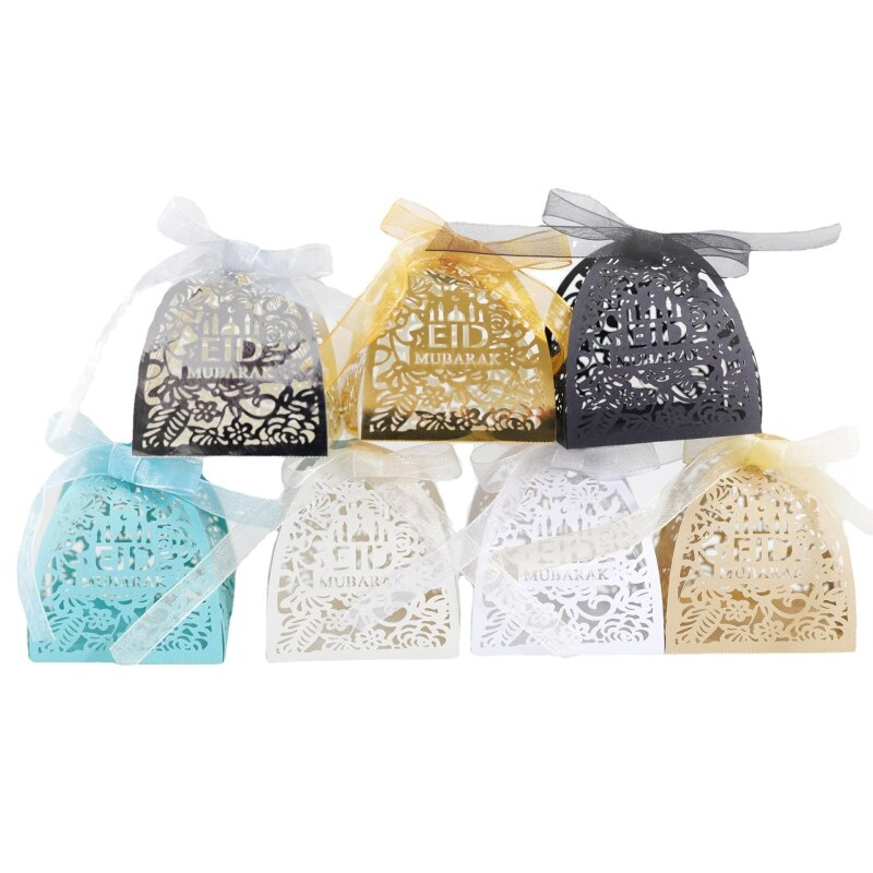 50pcs Eid Mubarak Candy Box Ramadan Decoration Hollow Wedding Party Favor Chocolate Boxes with Ribbons