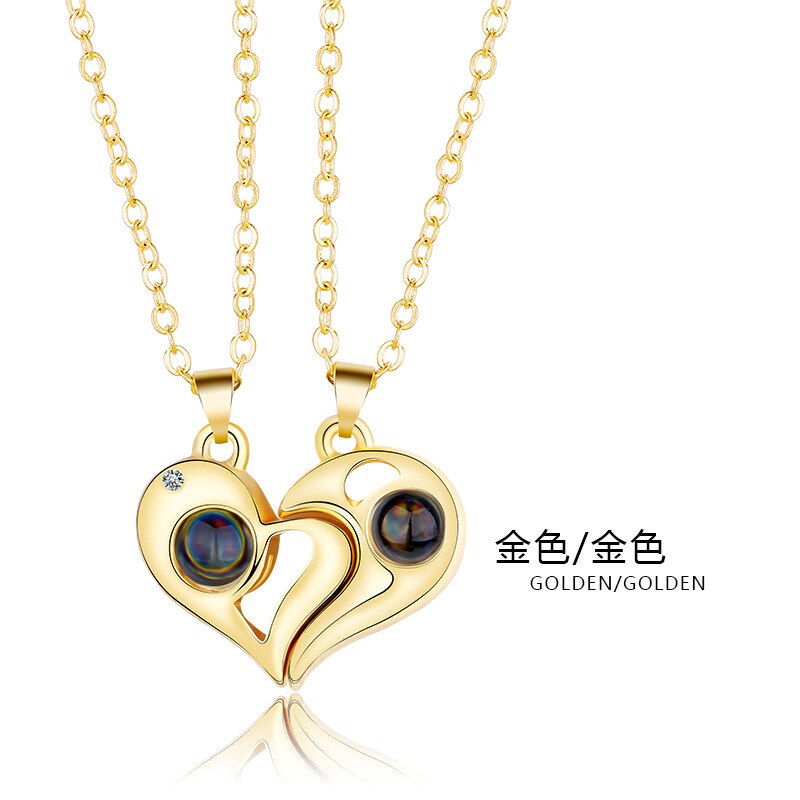 Trendy 2 Pcs/Set I Love You Projection Magnet Couple Pendants Necklace Choker Sun Moon Hearts Chain Lover Women Jewelry Collar: Heart 1