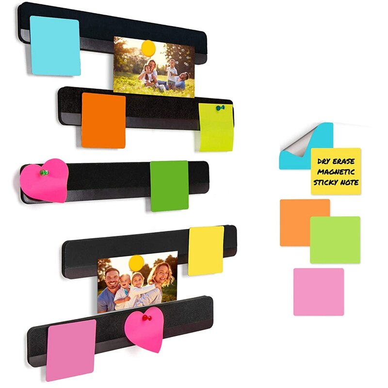 Magnetische roestvrij ijzeren bordstrips, bulletin bar board zelfklevende frameloze bulletin bar strip met 10 stuks kleurrijke magneten en 8 stuks plakband, memostrip voor school kantoor 2 stuks