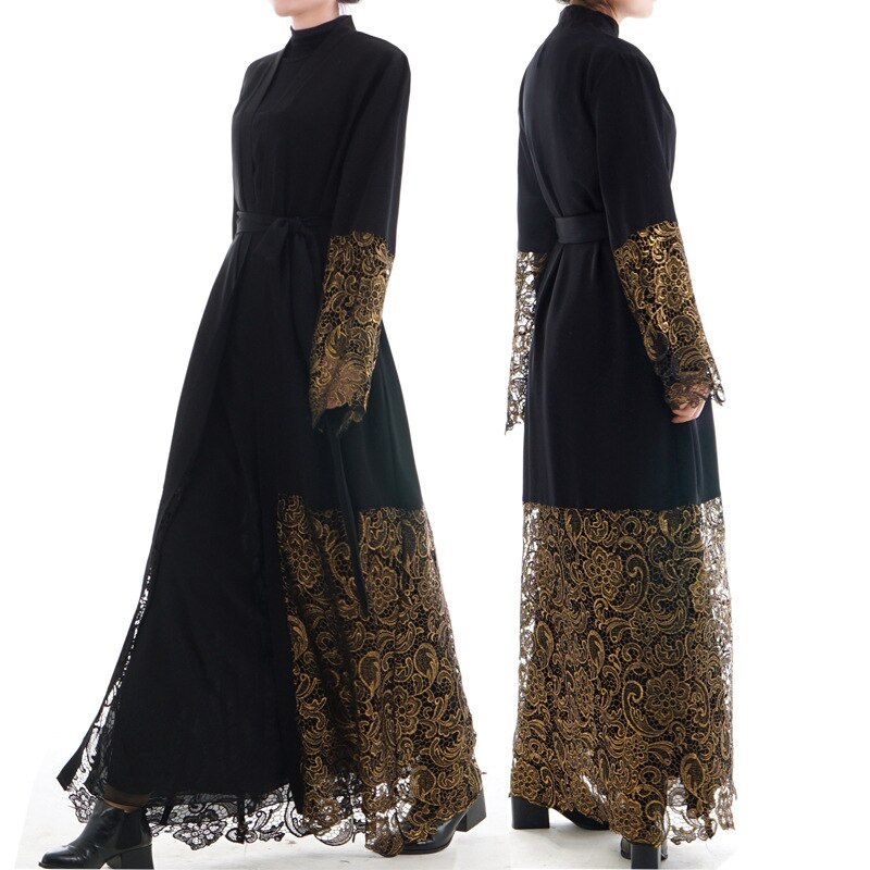 Femmes Robe musulmane dubaï Abaya noir dentelle Robe à manches longues Cardigan caftan Maxi robes vêtements islamiques SL1147