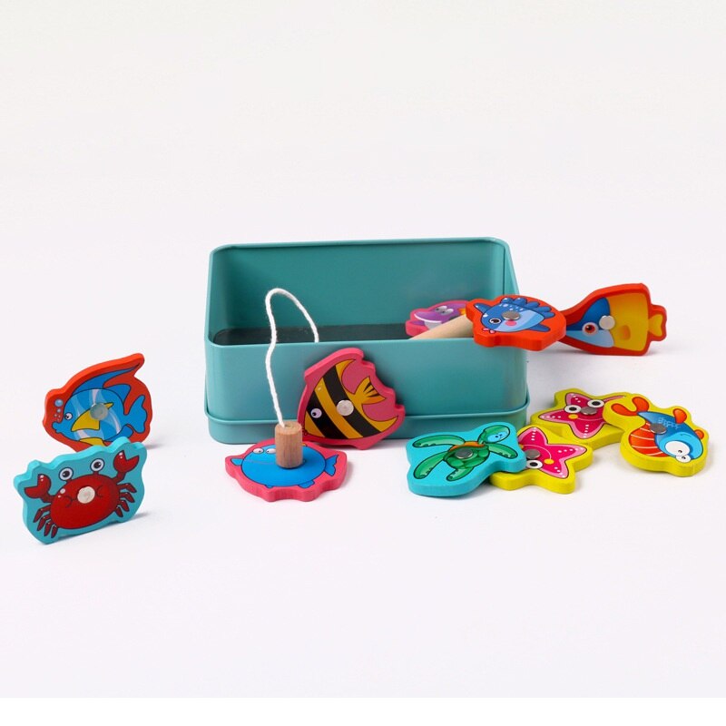 Baby Educational Toys 7-15Pcs Fish Wooden Magnetic Fishing Toy Set Fish Game Educational Fishing Toy