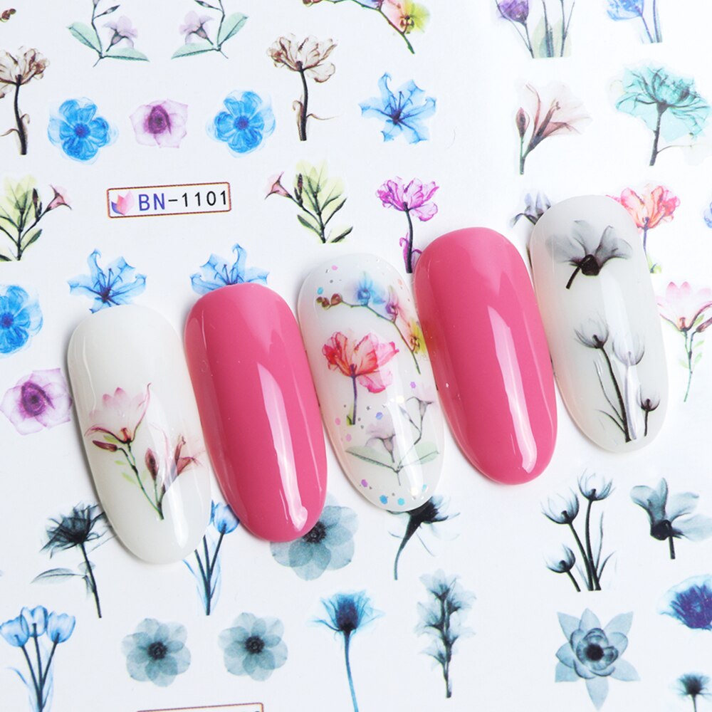 20 Nagelfolien-Aufkleber Blumen-Mix – Rose, Blätter, Wasserfest, Für Nail Art & Maniküre