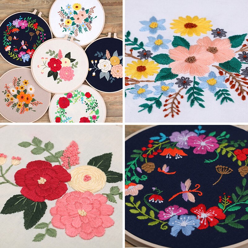 Broderi startpaket för nybörjare blommor diy korsstygns kit med broderiband