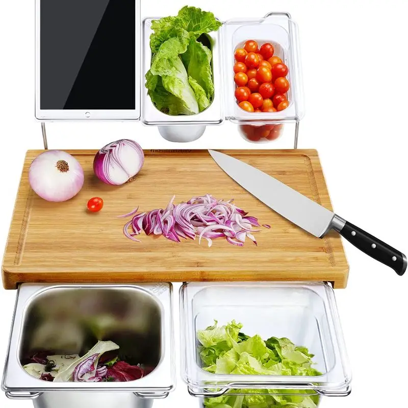 Bamboo Cutting Board for Kitchen, Wood Chopping Board, Bamboo Board with Tray, Chopping Board with Stainless Steel Juice Catcher: Red