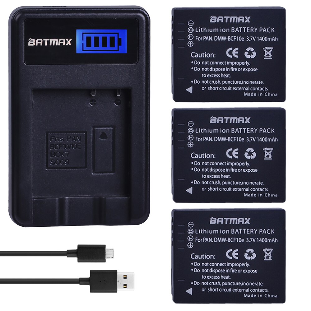 Batamx 1400mAh DMW-BCF10 DMW-BCF10E DMW-BCF10PP Battery+LCD USB Charger for Panasonic Lumix CGA-S/106B, DMC-F2, DMC-F3, DMC-FH1: 3 battery 1 charger