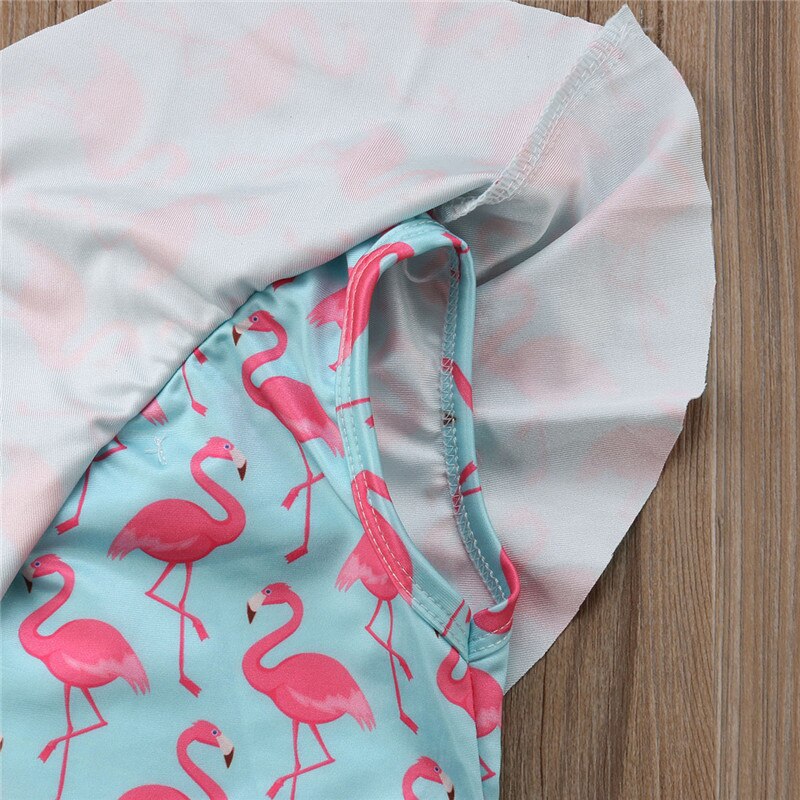 Baby Meisje Flamingo Gedrukt Bikini Pasgeboren Baby Dubbele Schuine Schouder Kraag Romper Ruche Een Stuk Badpakken Outfit