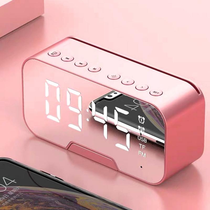 Bluetooth 5.0 højttaler fm radio med spejl alarm ur radio bord ur ført spejl snooze trådløs musikafspiller subwoofer: Lyserød