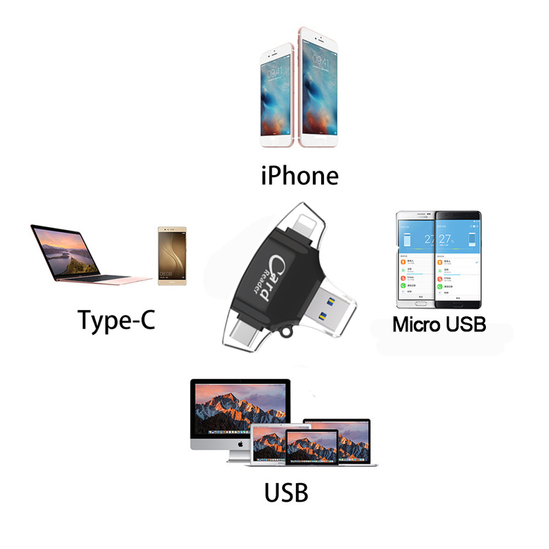 Lector de tarjetas Micro SD 4 en 1 tipo C, adaptador Lightning para iPhone, Android, iPad, MacBook, USB, OTG, extensión de teléfono