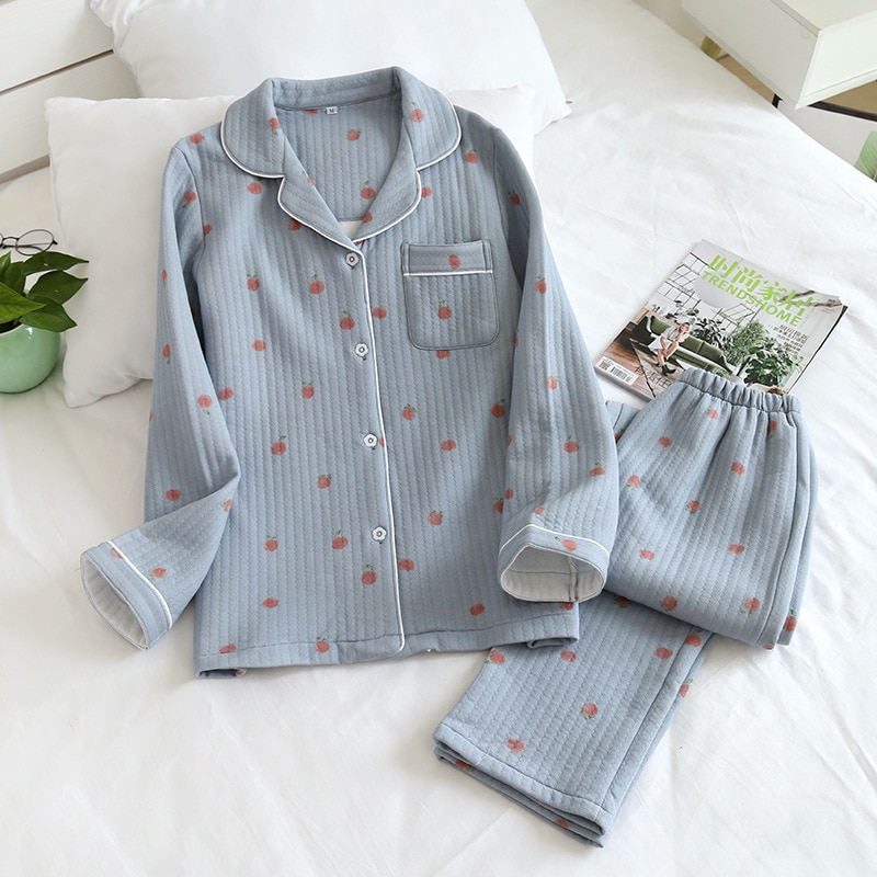 Aseniza Herenwinterpyjama van katoen, lange mouwen, lange broek, tweedelige pyjama, Blauw, L