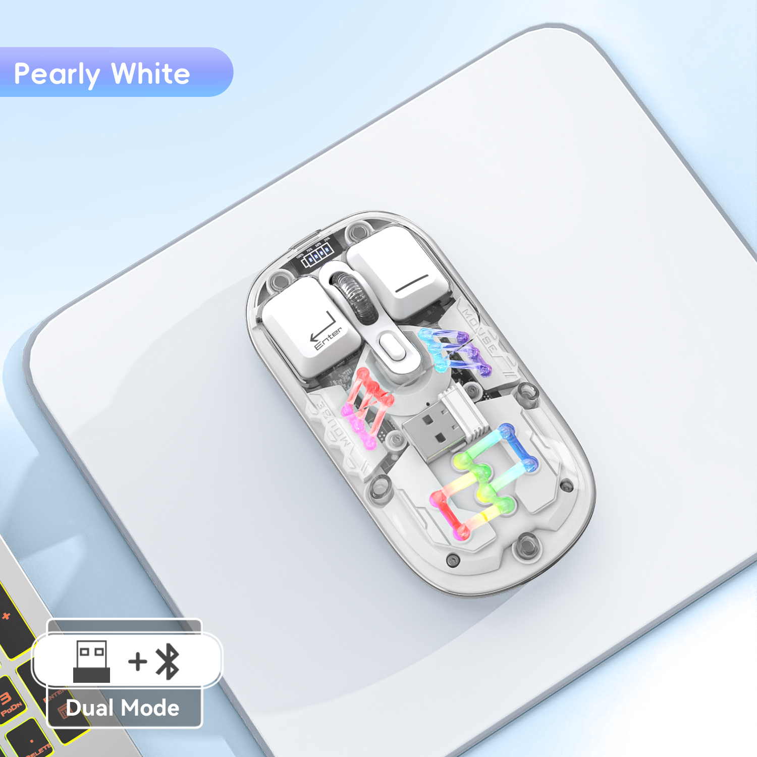 T200 Transparent Dual-mode Wireless Mouse Built-in 400mAh Lithium RGB backlight Battery Office Mouse For PC and eed Notebook: WHITE