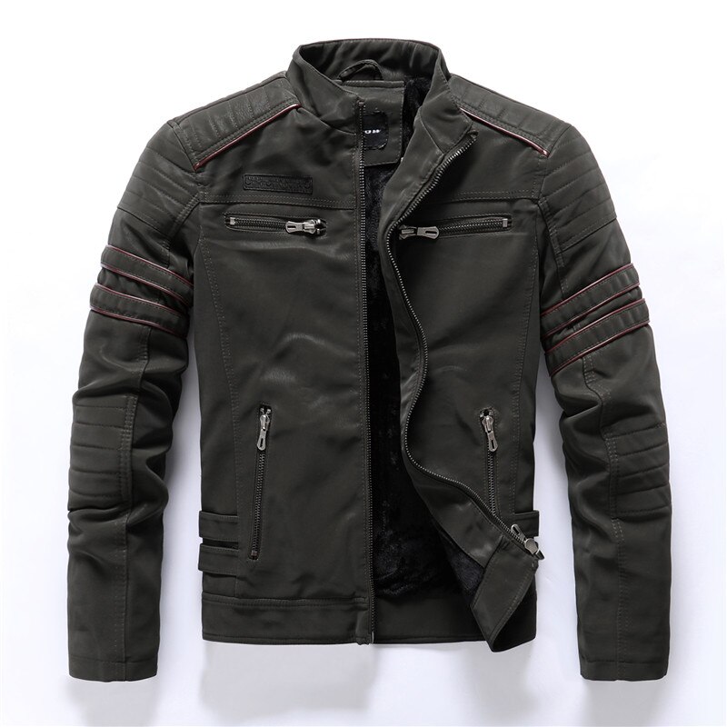 Herfst Winter Mannen Lederen Jas Casual Mode Stand Kraag Motorjas Mannen Slim Highqualit Lederen Jassen: KH8809-ArmyGreen / M