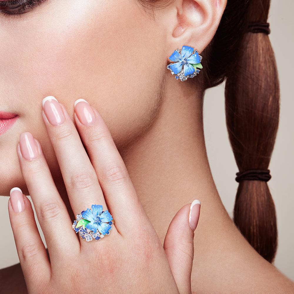 SANTUZZA Silver Earrings For Women Pure 925 Sterling Silver Blue Flower Trendy Party Fine Jewelry Handmade Enamel