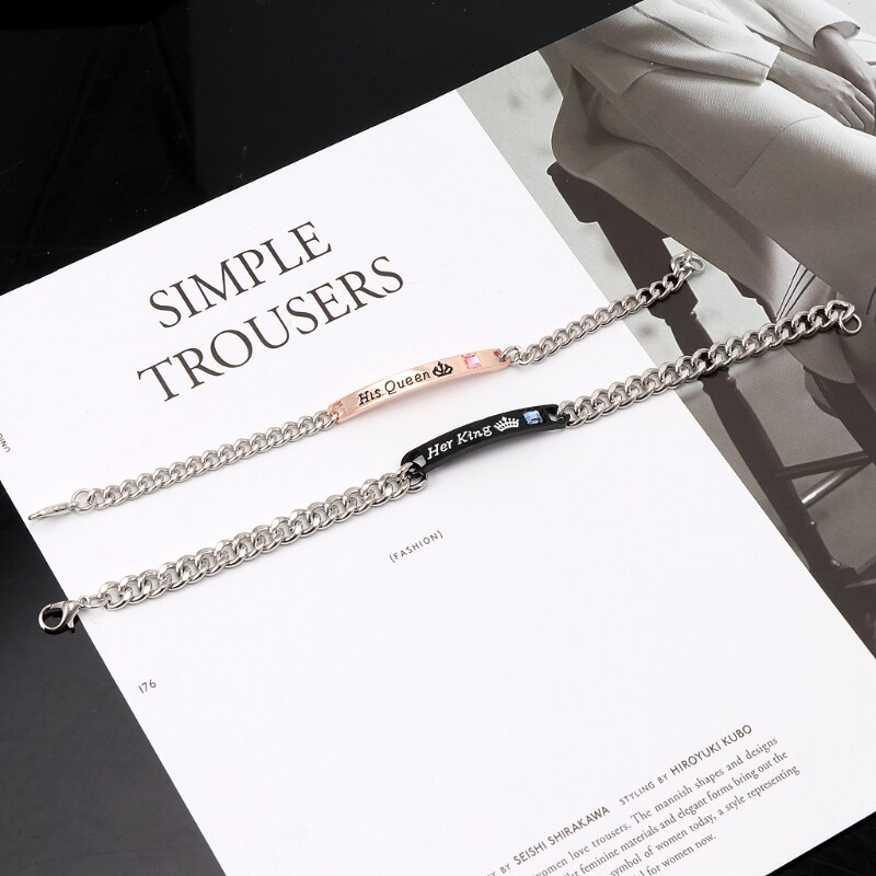 2Pcs Jewely His Queen Her King Black Rose Gold Color Women's Male Chain Crystal Couple Bracelet