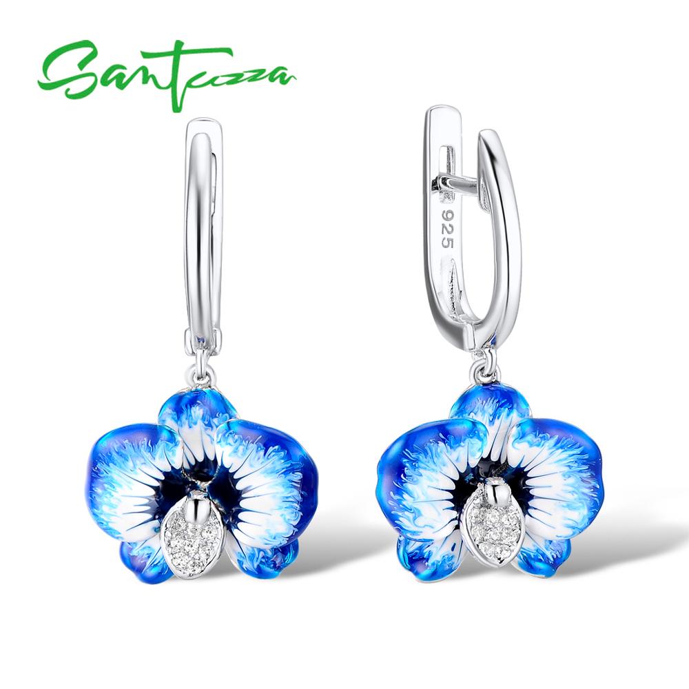 SANTUZZA flor azul anillo de plata de la joyería pendientes colgante conjunto para mujer Plata de Ley 925 de Chic, joyería hecha a mano, esmalte