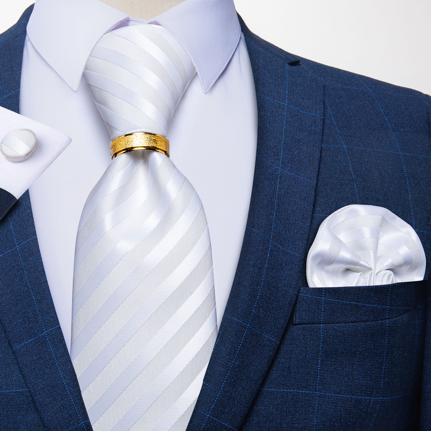 Corbata para hombre con anillo de Metal de Color dorado, conjunto de corbata de 8cm a la , pañuelo, gemelos, accesorios para de boda y negocios, para hombre