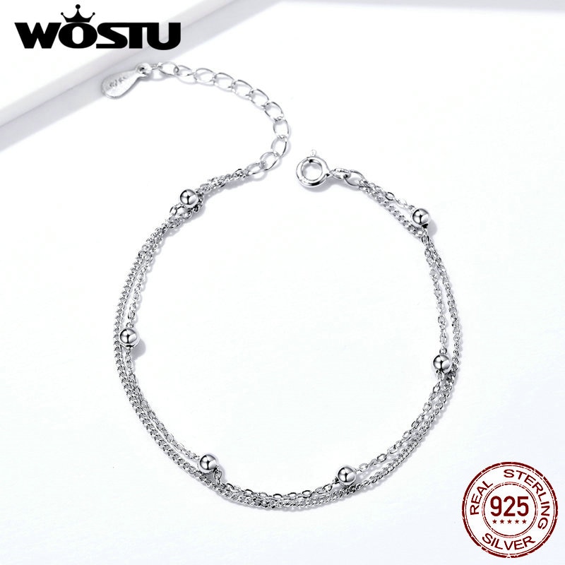 WOSTU Parallel Chains With Silver Bead Bracelets 925 Sterling Silver For Women Chain Link Silver 925 Jewelry CQB131