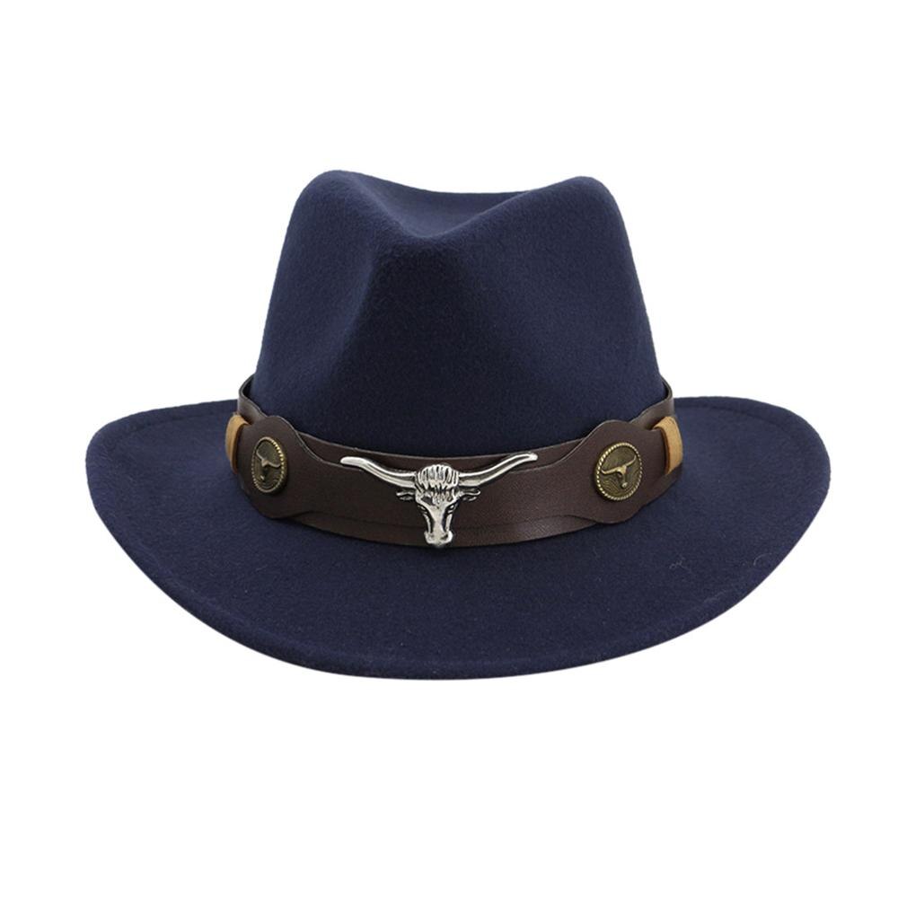 Men Women Retro Felt Cap Western Cowboy Wide Brim Cap Западная Ковбойская Шапочка M0312: Navy Blue