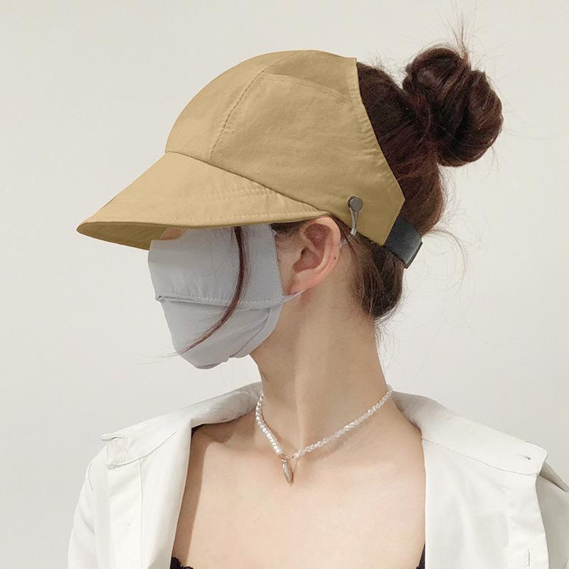 1 Stuks Opvouwbare Brede Rand Paardenstaart Zonnehoed Zomer Sneldrogende Uv-bescherming Emmer Hoed Voor Vrouwen Visser Caps met Masker Knop: Khaki